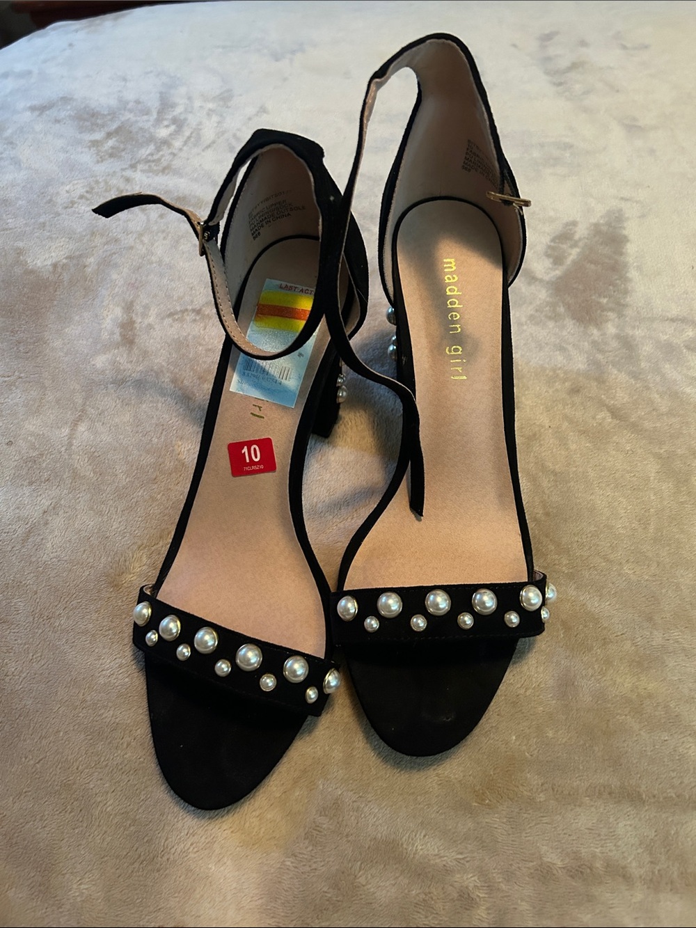 Madden Girl Black Pearl-Embellished Ankle Strap Heels